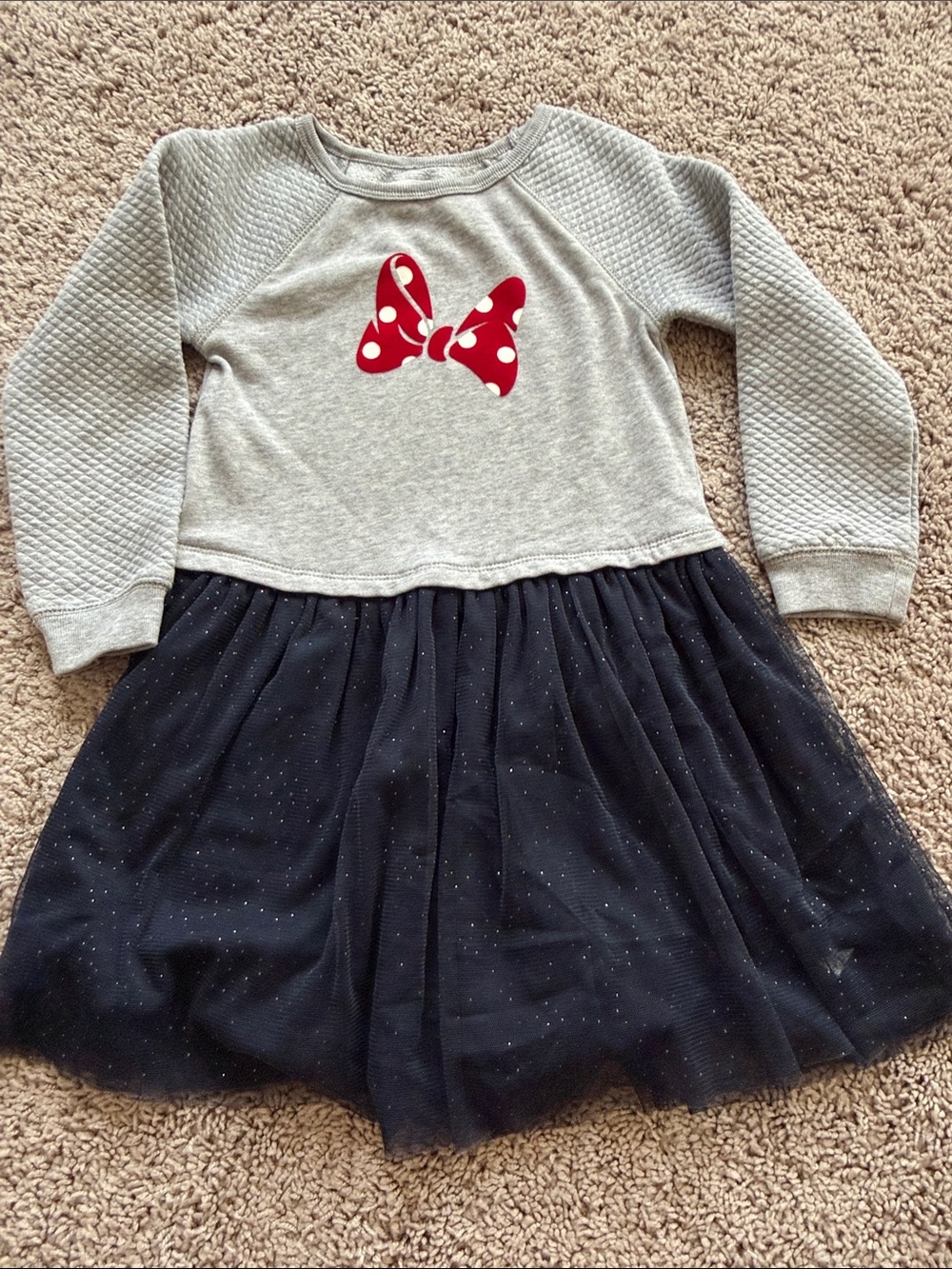 GAP Gray Sweatshirt Dress with Red Polka Dot Bow and Navy Sparkle Tulle Skirt